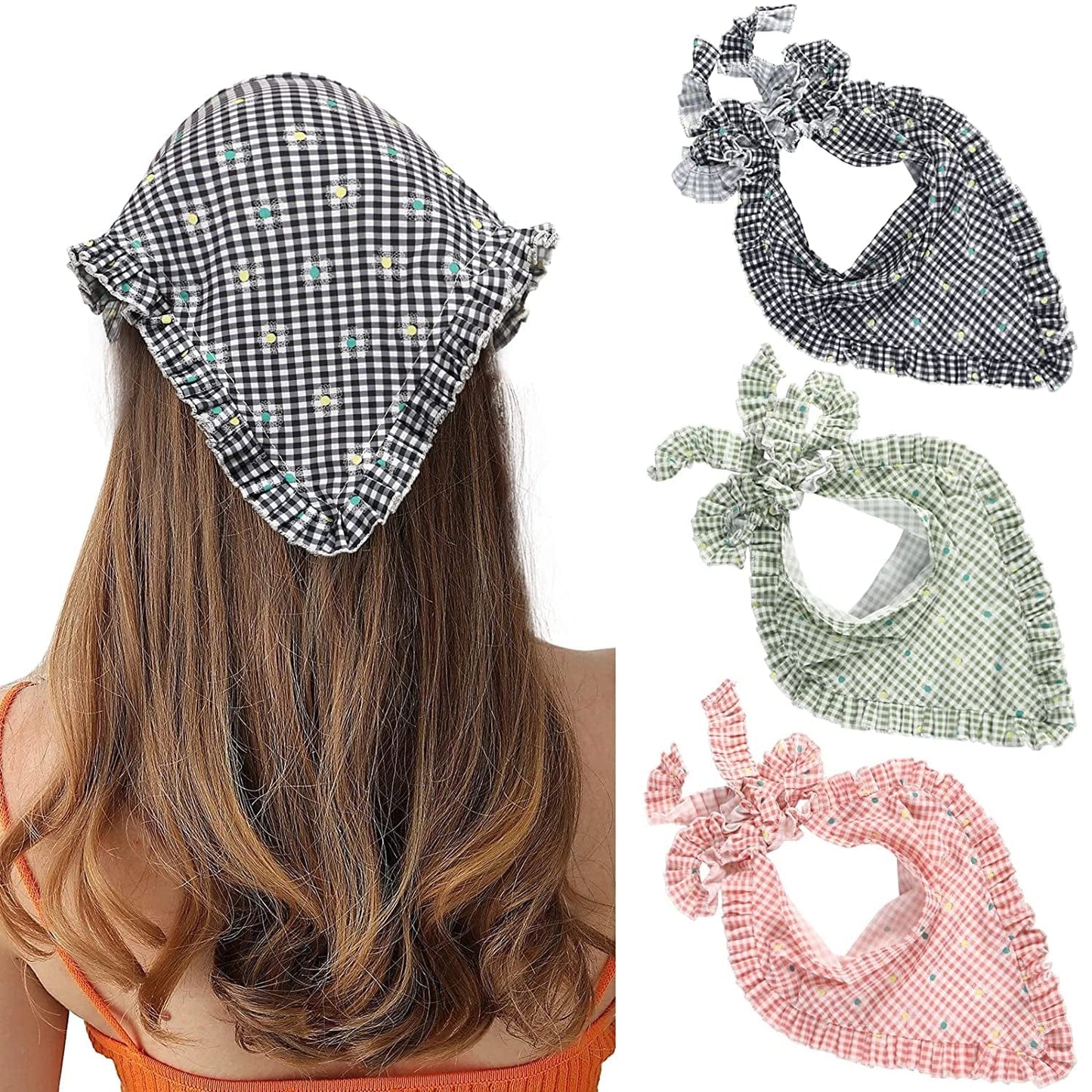 3Pcs Floral Hair Bandanas Chiffon Head Kerchief for Women Girls Boho Hair Scarf Headband Bandana Daisy Lace Head Scarf (Lace Trim Floral(Yellow/Black/Beige)) Apparel & Accessories > Clothing Accessories > Bandanas & Headties AWAYTR Ruffled Edge Plaid(blue/Pink/Green)