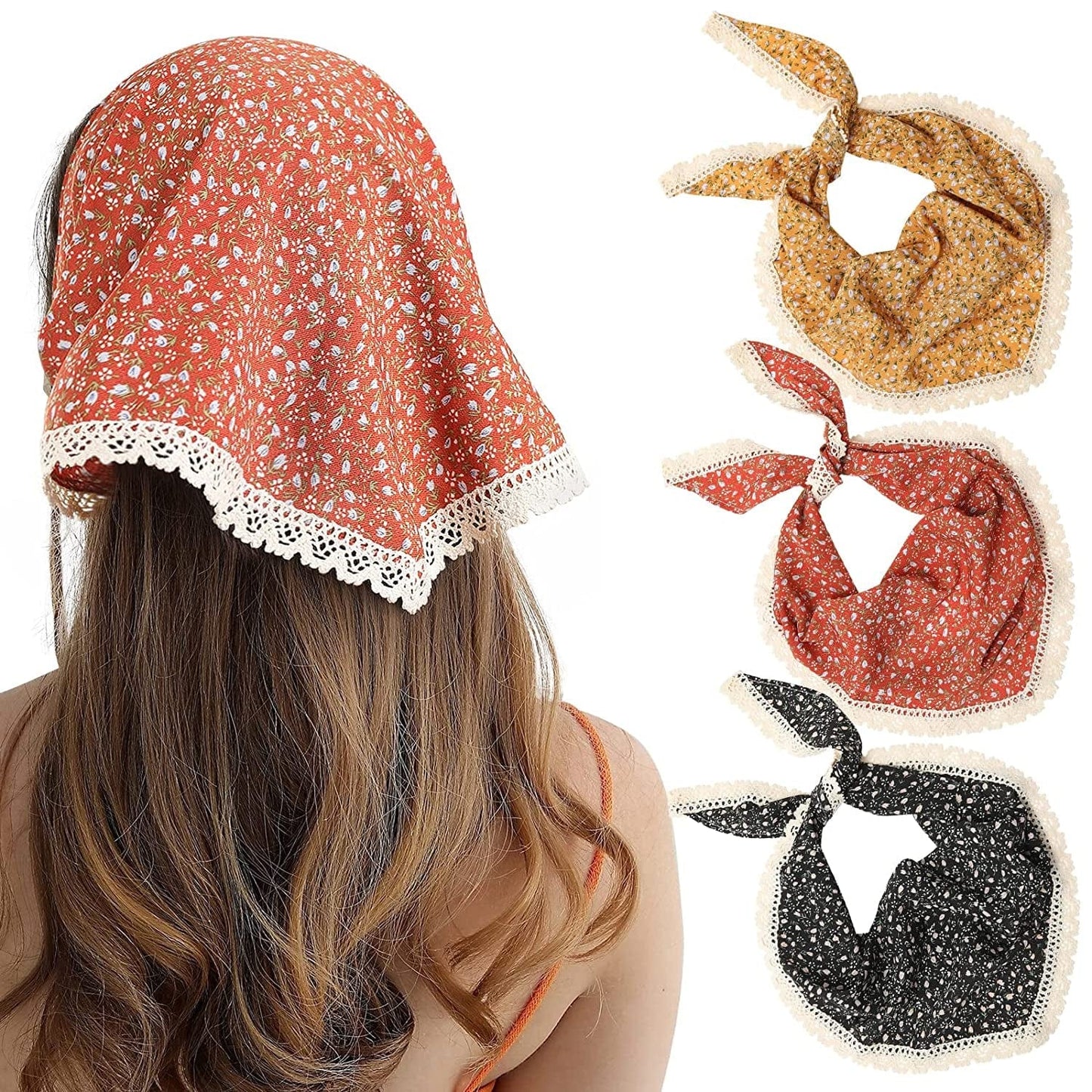 3Pcs Floral Hair Bandanas Chiffon Head Kerchief for Women Girls Boho Hair Scarf Headband Bandana Daisy Lace Head Scarf (Lace Trim Floral(Yellow/Black/Beige)) Apparel & Accessories > Clothing Accessories > Bandanas & Headties AWAYTR Lace Trim Floral(red/Black/Yellow)