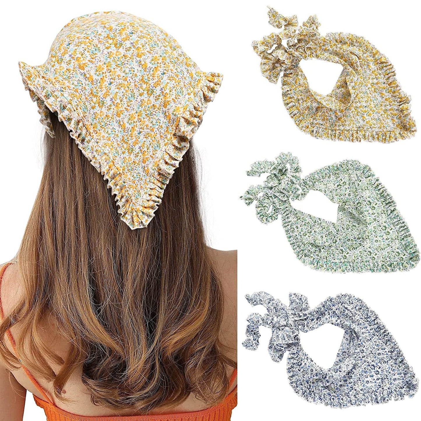 3Pcs Floral Hair Bandanas Chiffon Head Kerchief for Women Girls Boho Hair Scarf Headband Bandana Daisy Lace Head Scarf (Lace Trim Floral(Yellow/Black/Beige)) Apparel & Accessories > Clothing Accessories > Bandanas & Headties AWAYTR Ruffled Edge Floral (Blue/Yellow/Green)