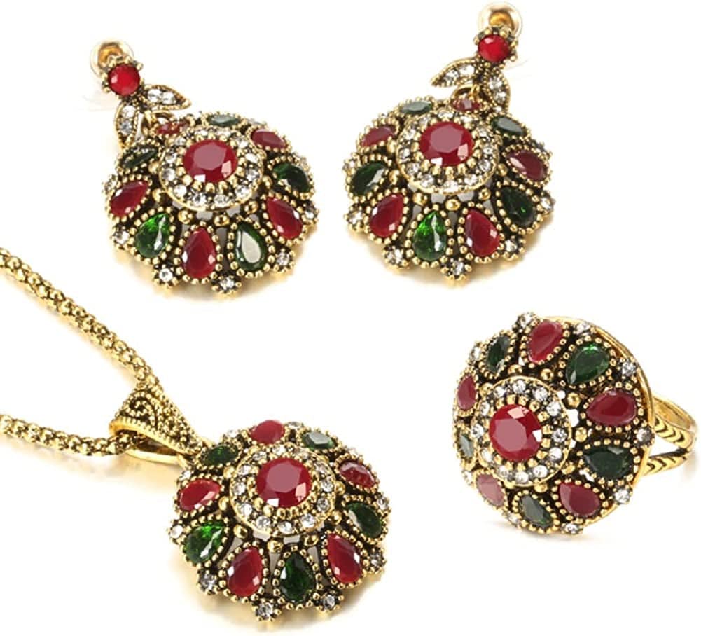 3Pcs Jewelry Sets Ethnic Bride Crystal Flower Antique Gold Color Necklace Earrings Ring Sets for Women Boho Jewelry 9