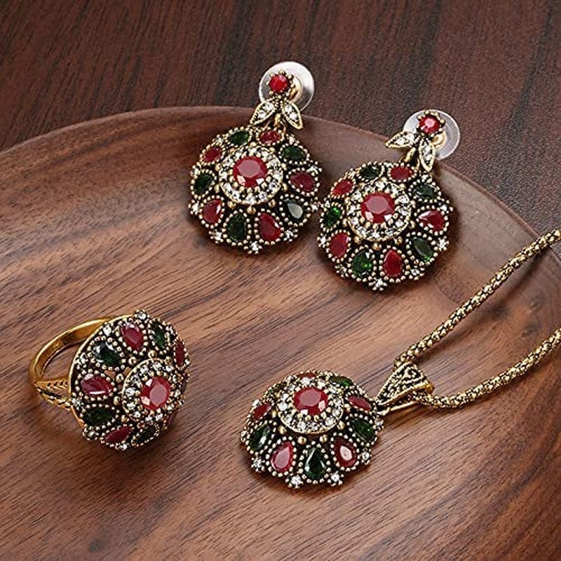 3Pcs Jewelry Sets Ethnic Bride Crystal Flower Antique Gold Color Necklace Earrings Ring Sets for Women Boho Jewelry