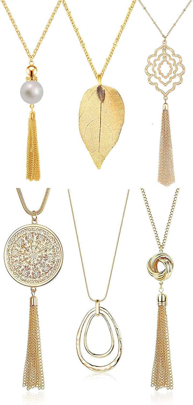 3PCS Long Pendant Necklaces for Women Knot Disk Circle Tassel Statement Sweater Necklace Set Gold-6P