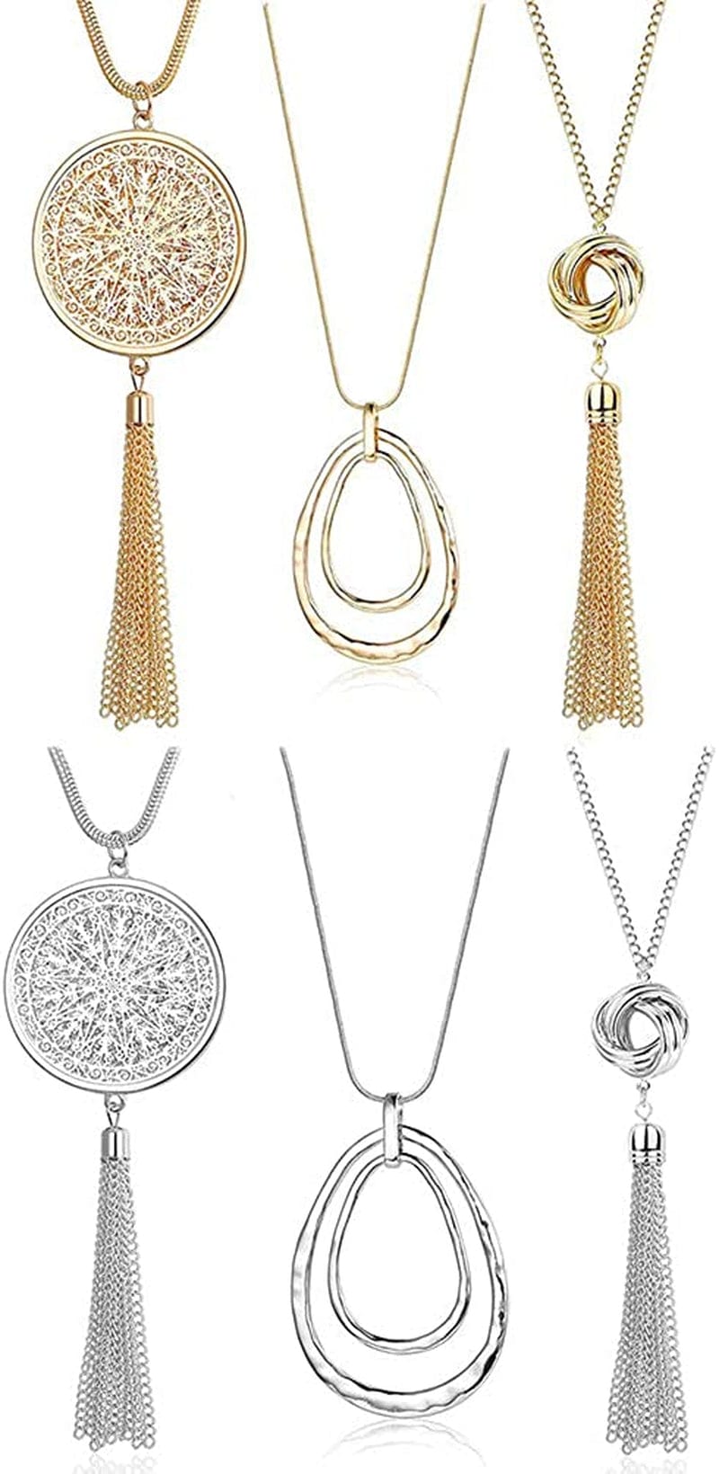 3PCS Long Pendant Necklaces for Women Knot Disk Circle Tassel Statement Sweater Necklace Set 6P