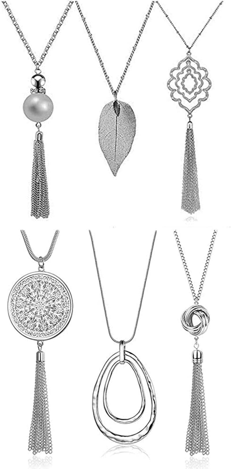 3PCS Long Pendant Necklaces for Women Knot Disk Circle Tassel Statement Sweater Necklace Set Silver-6P