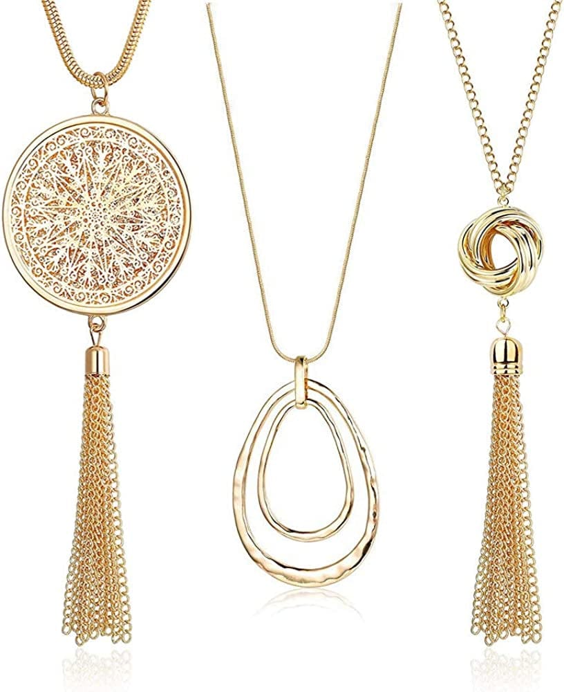 3PCS Long Pendant Necklaces for Women Knot Disk Circle Tassel Statement Sweater Necklace Set Gold