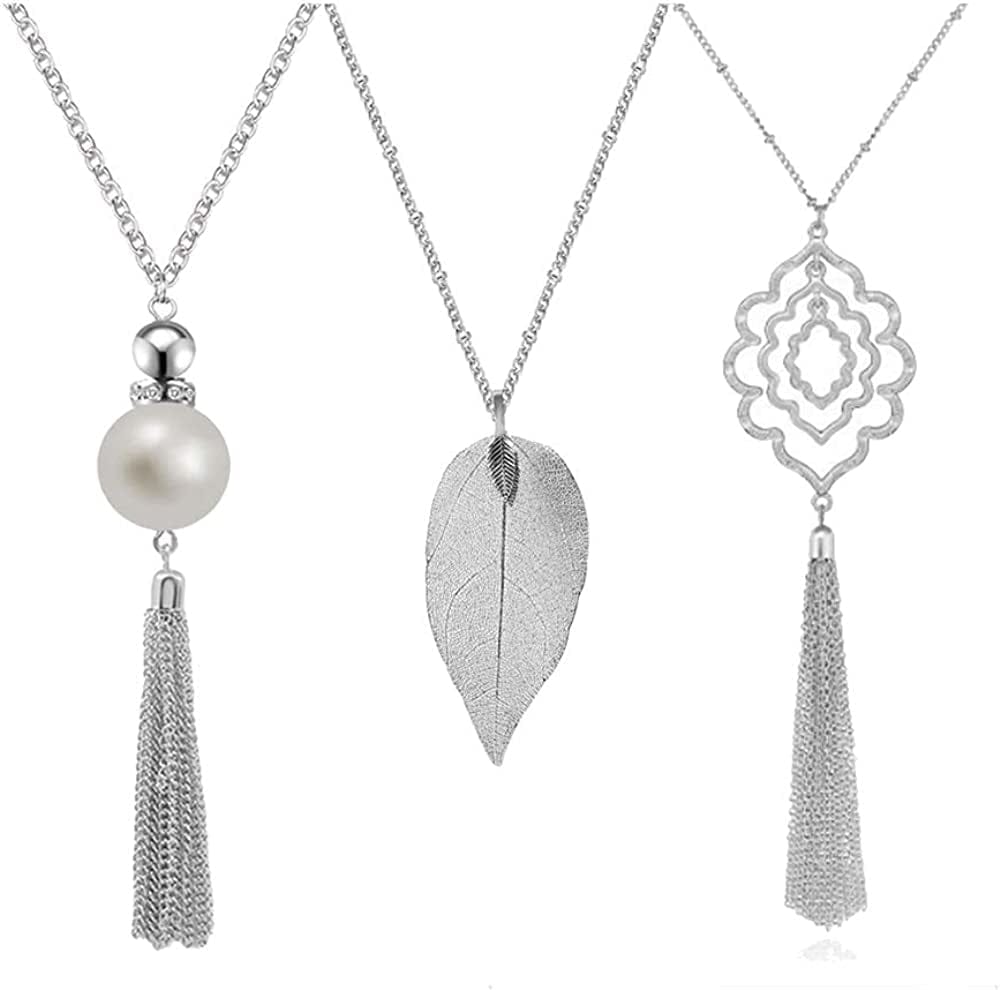 3PCS Long Pendant Necklaces for Women Knot Disk Circle Tassel Statement Sweater Necklace Set Silver-3P