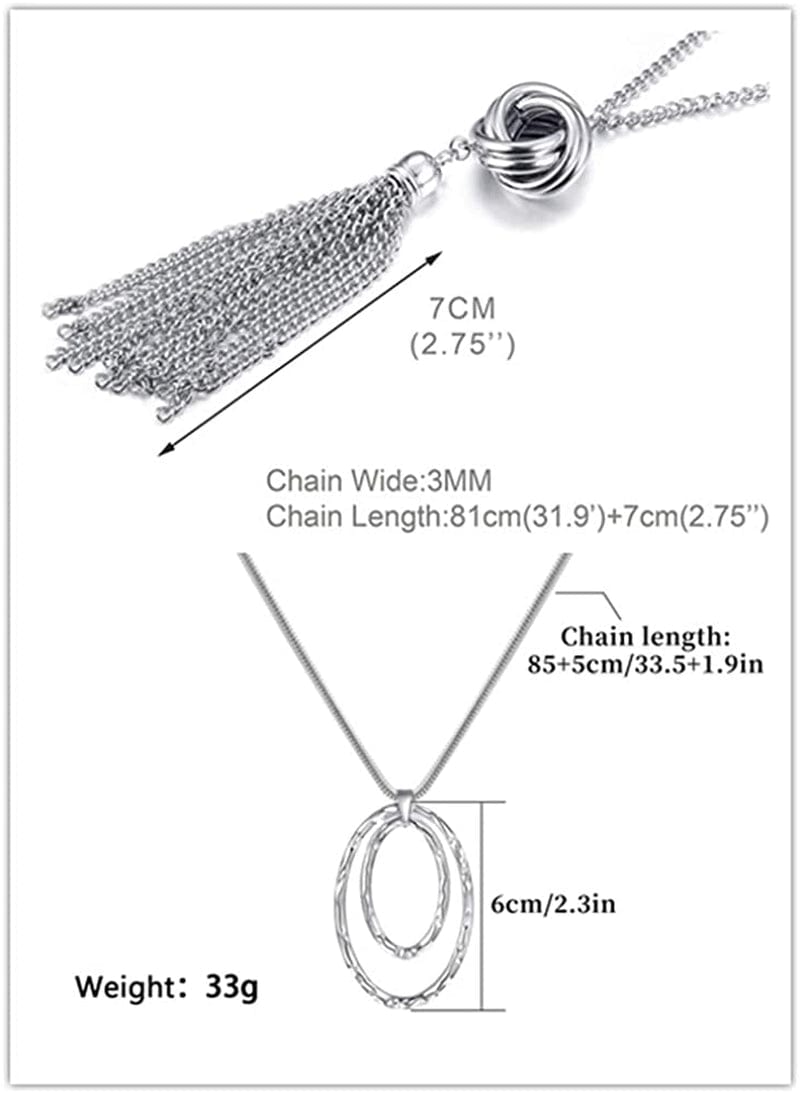 3PCS Long Pendant Necklaces for Women Knot Disk Circle Tassel Statement Sweater Necklace Set