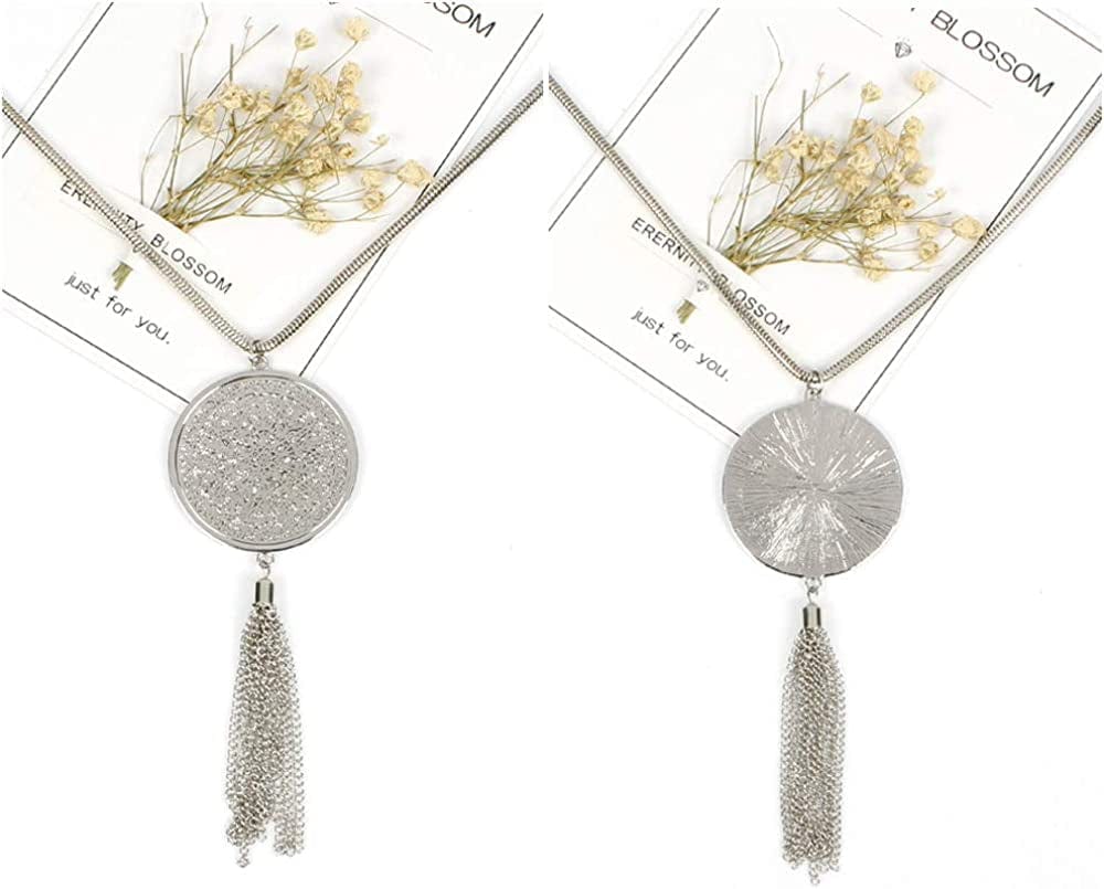 3PCS Long Pendant Necklaces for Women Knot Disk Circle Tassel Statement Sweater Necklace Set