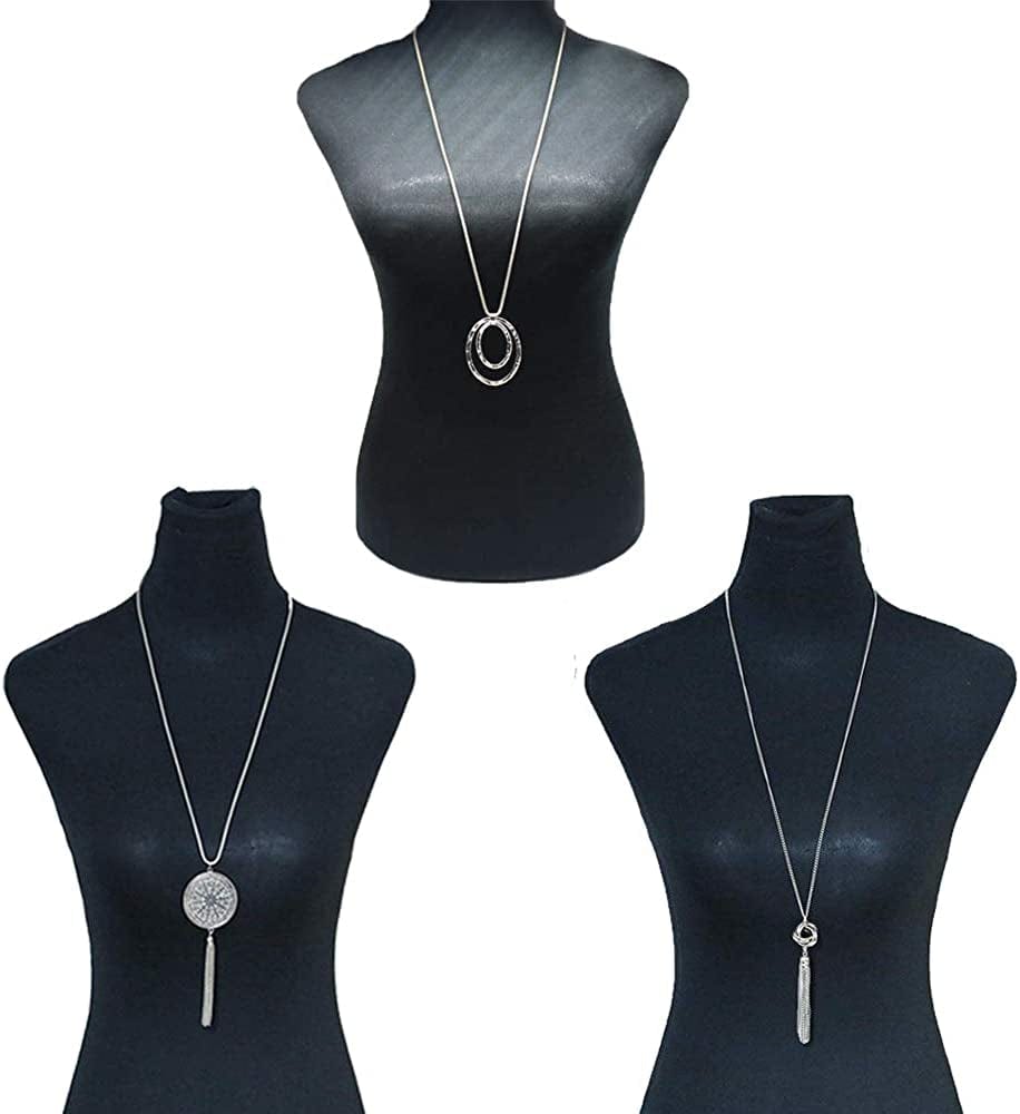 3PCS Long Pendant Necklaces for Women Knot Disk Circle Tassel Statement Sweater Necklace Set