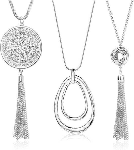 3PCS Long Pendant Necklaces for Women Knot Disk Circle Tassel Statement Sweater Necklace Set Silver