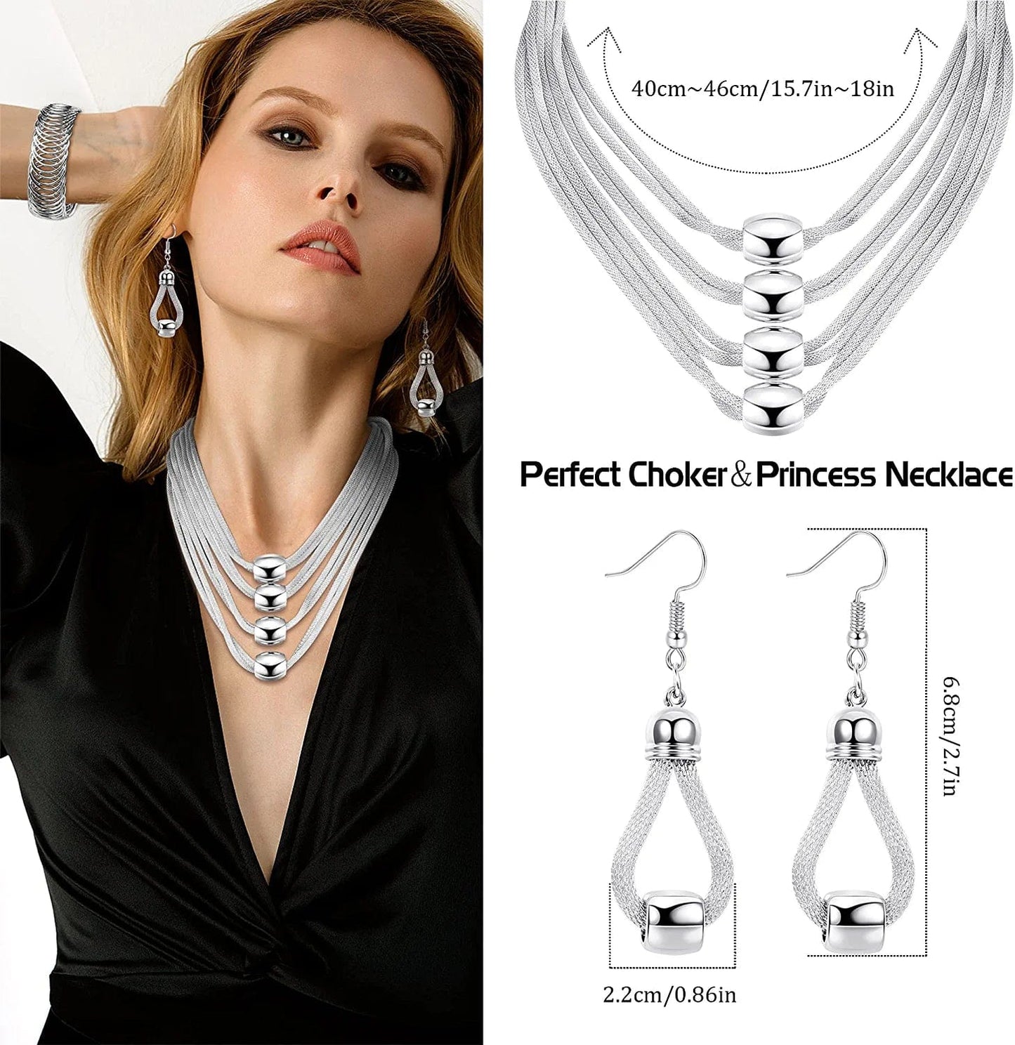 3Pcs Multi-Layer Bib Necklace Jewelry Set for Women Choker Necklace Stretch Cuff Bracelet Dangle Earrings Halloween Costume Jewelry Set Silver Tone