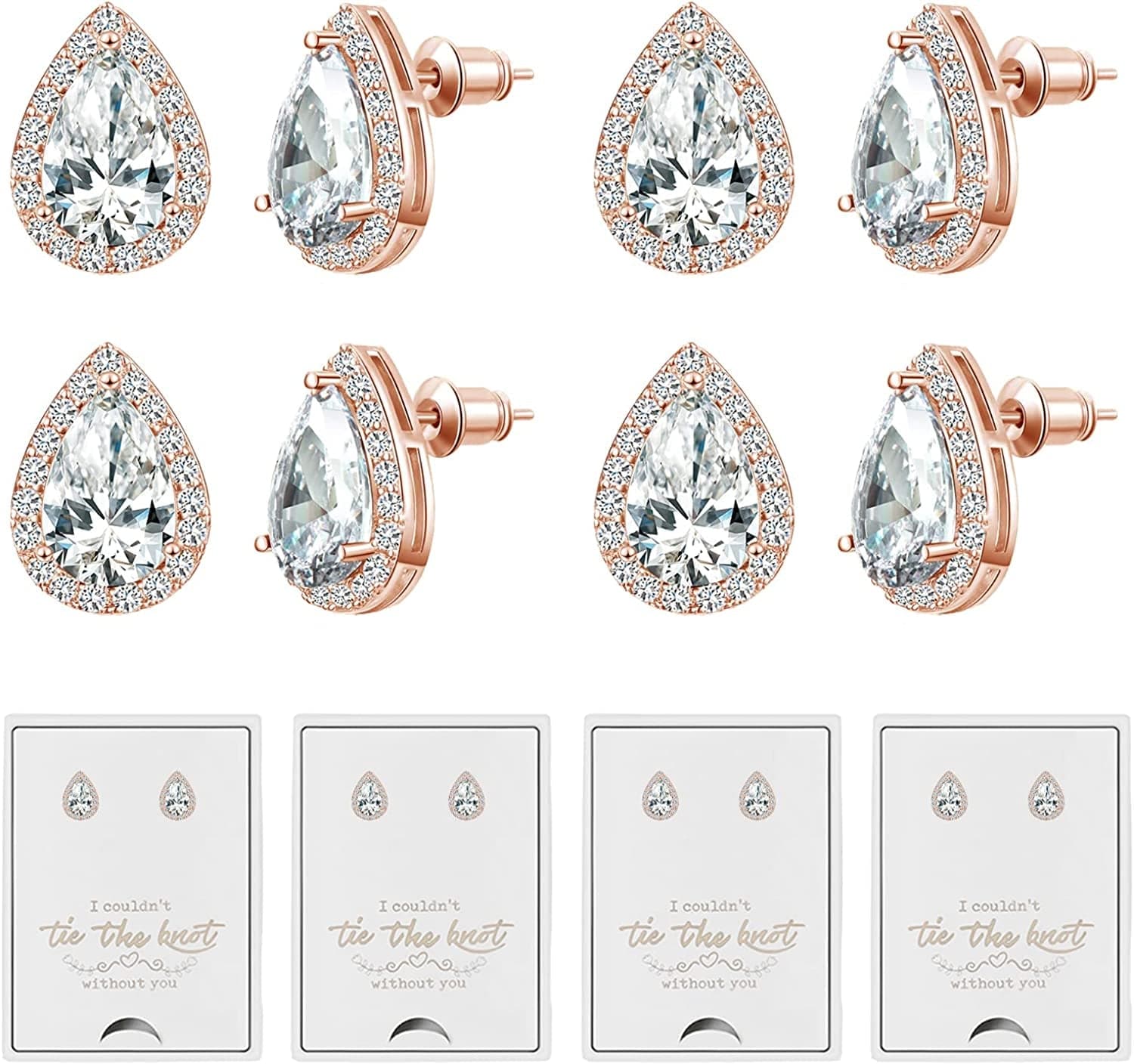 4/6 Pairs Bridesmaids Earrings Classic Cubic Zirconia Teardrop Stud Earrings for Women Girls I Couldn’T Tie a Knot without You Brides Bridesmaids Proposal Wedding Jewelry Gifts C-rose gold(set of 4)
