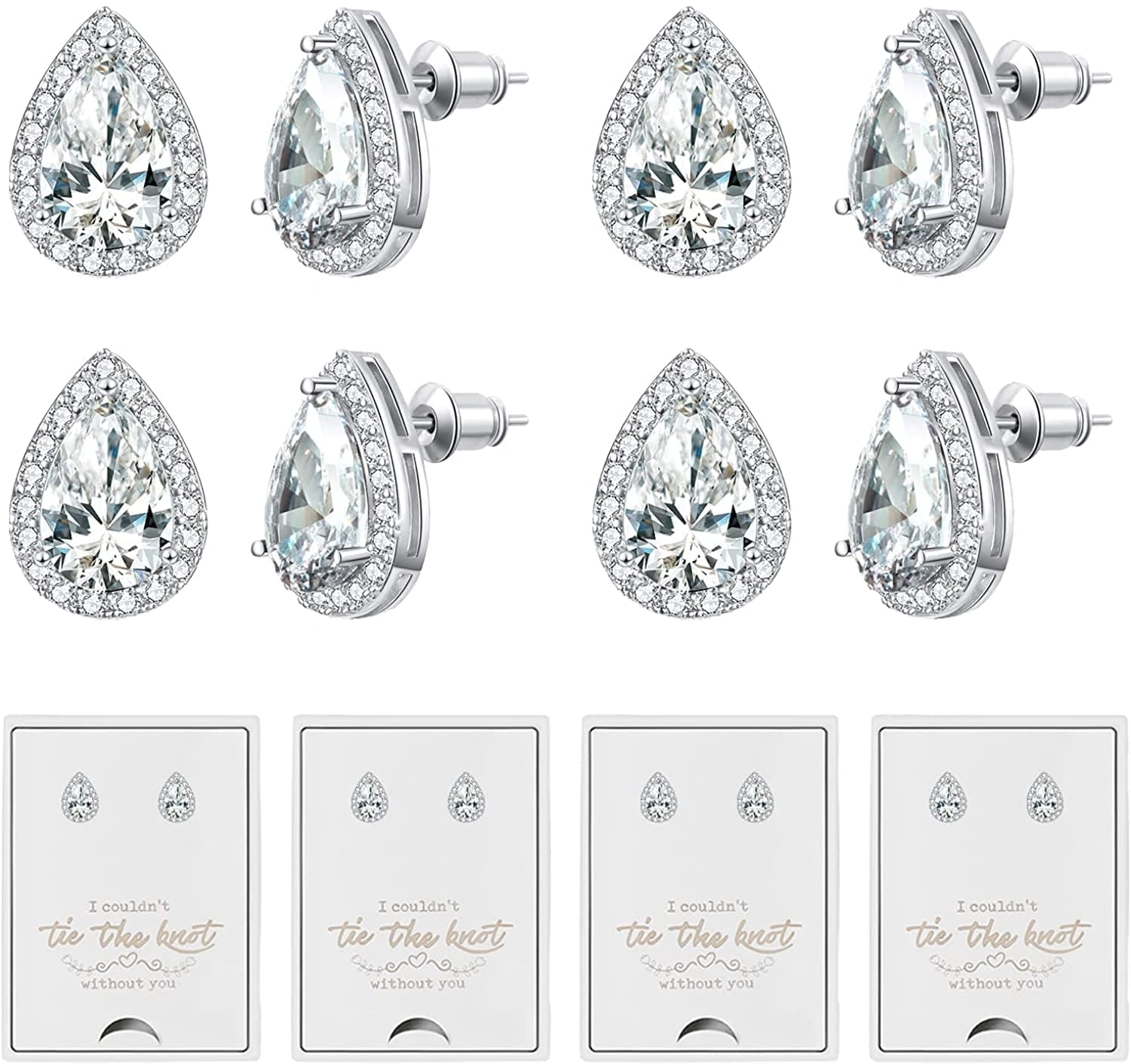 4/6 Pairs Bridesmaids Earrings Classic Cubic Zirconia Teardrop Stud Earrings for Women Girls I Couldn’T Tie a Knot without You Brides Bridesmaids Proposal Wedding Jewelry Gifts B-silver(set of 4)