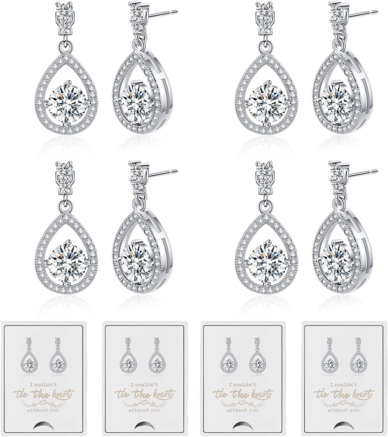 4/6 Pairs Bridesmaids Earrings Classic Cubic Zirconia Teardrop Stud Earrings for Women Girls I Couldn’T Tie a Knot without You Brides Bridesmaids Proposal Wedding Jewelry Gifts Teardrop Earring2-Silver set of 4