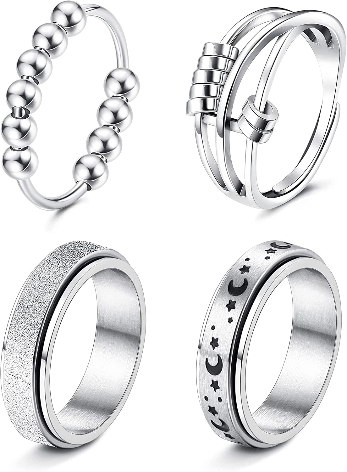 4 -6Pcs Stainless Steel Spinner Ring for Women Mens Fidget Band Rings Moon Star Celtic Stress Relieving Wide Wedding Promise Rings Set 4PCS Silver Tone / 8