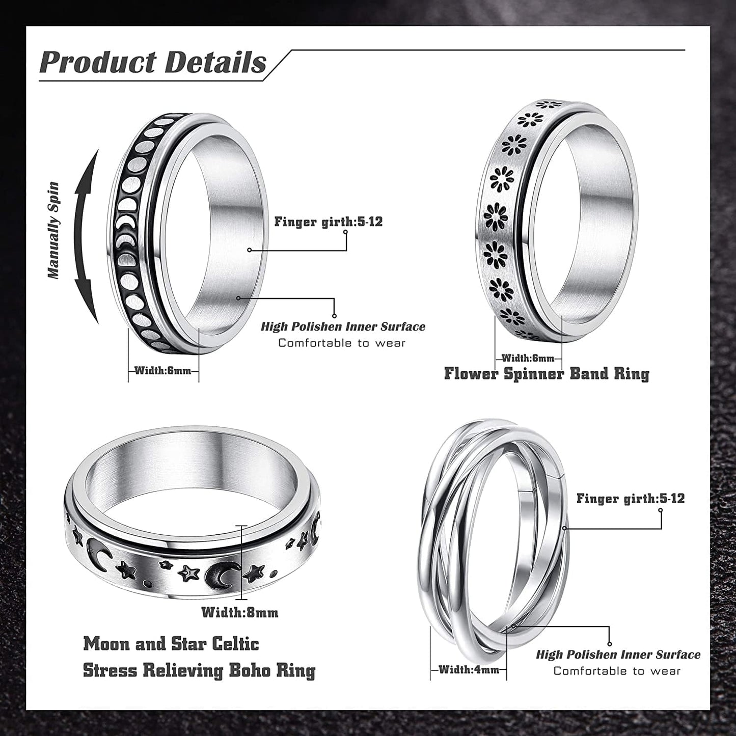 4 -6Pcs Stainless Steel Spinner Ring for Women Mens Fidget Band Rings Moon Star Celtic Stress Relieving Wide Wedding Promise Rings Set