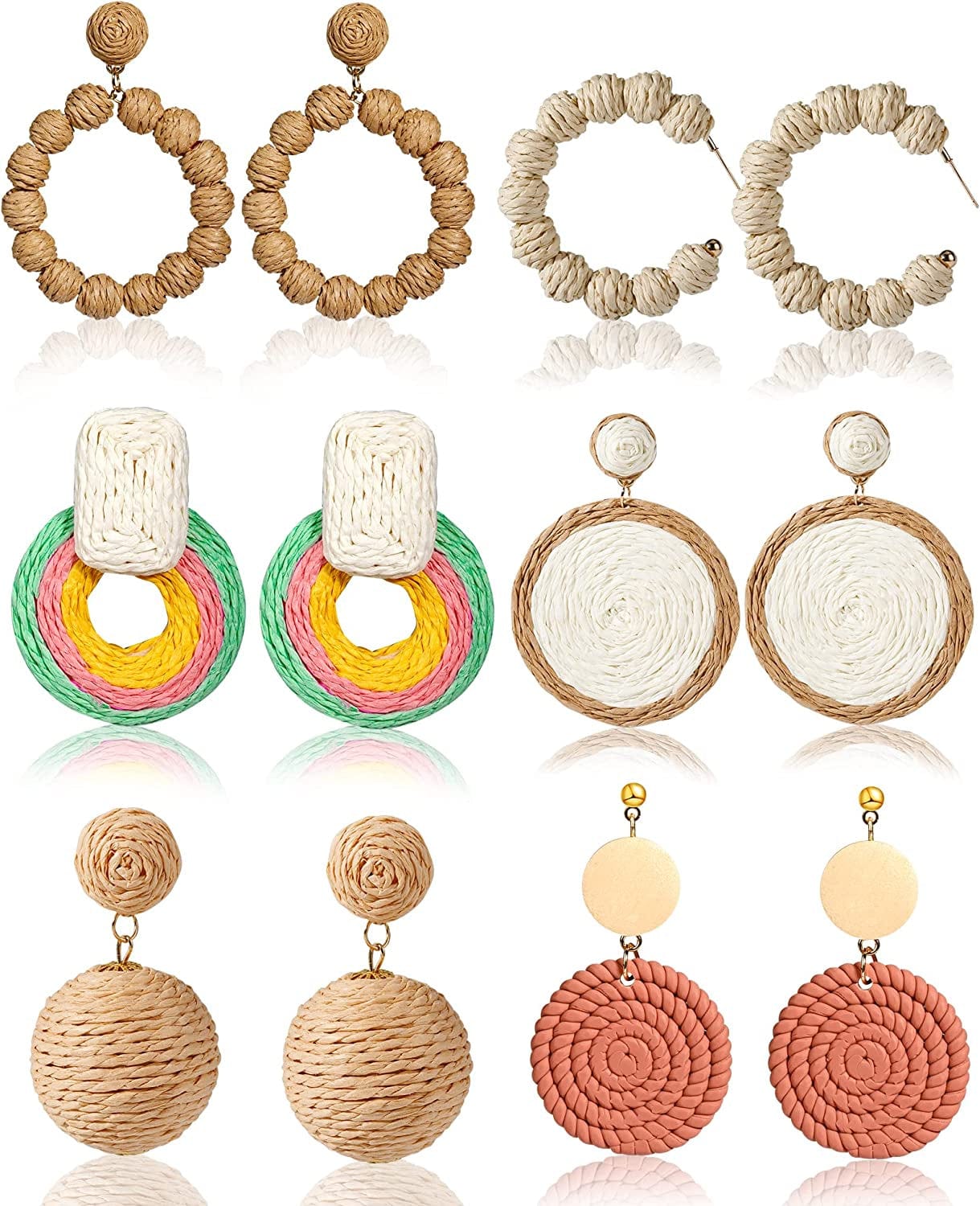 4-9 Pairs Rattan Earrings Tassel Earrings for Women Girls Lightweight Acrylic Geometric Statement Woven Bohemian Earrings Handmade Straw Wicker Braid Hoop Drop Dangle Earrings raffia 6
