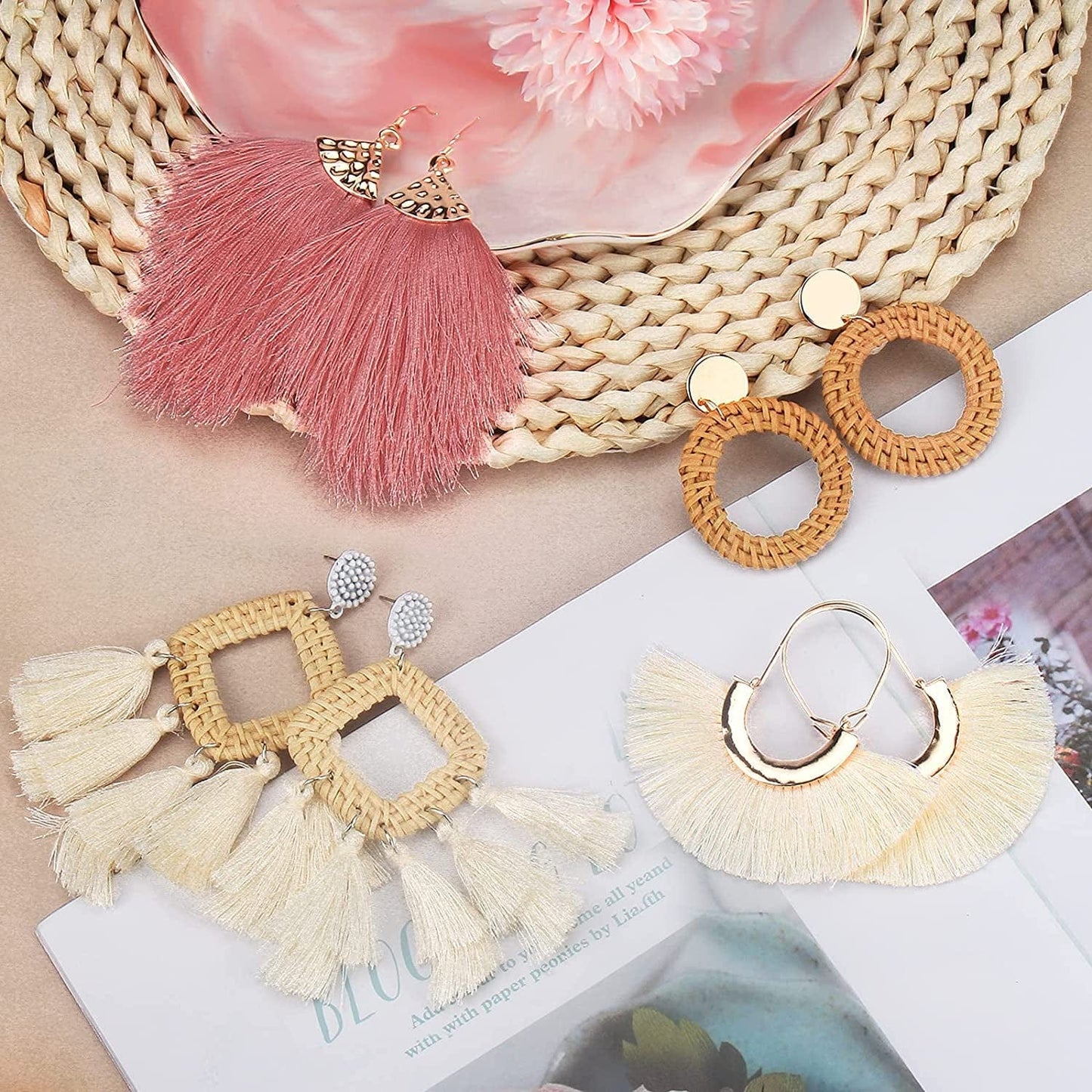 4-9 Pairs Rattan Earrings Tassel Earrings for Women Girls Lightweight Acrylic Geometric Statement Woven Bohemian Earrings Handmade Straw Wicker Braid Hoop Drop Dangle Earrings