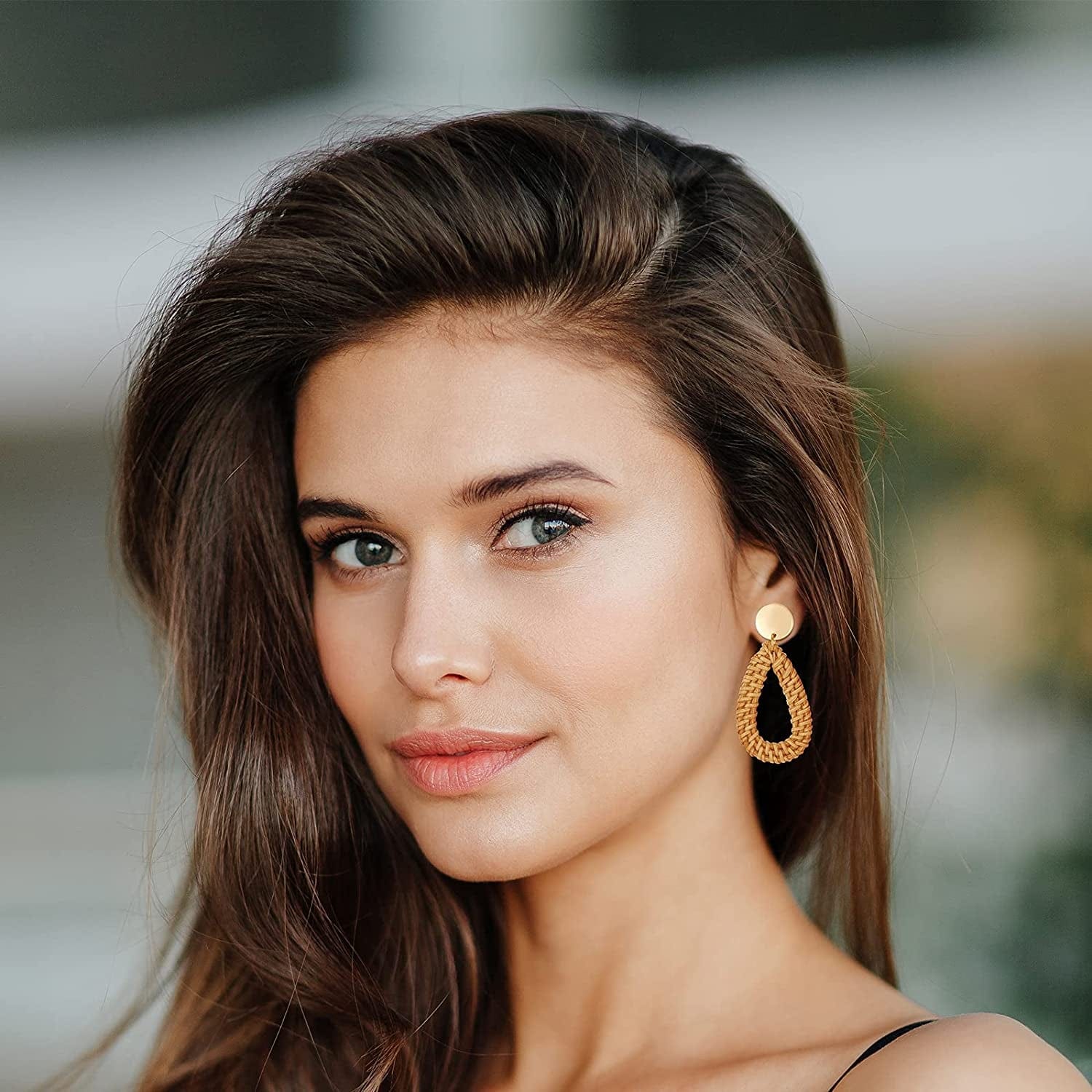 4-9 Pairs Rattan Earrings Tassel Earrings for Women Girls Lightweight Acrylic Geometric Statement Woven Bohemian Earrings Handmade Straw Wicker Braid Hoop Drop Dangle Earrings