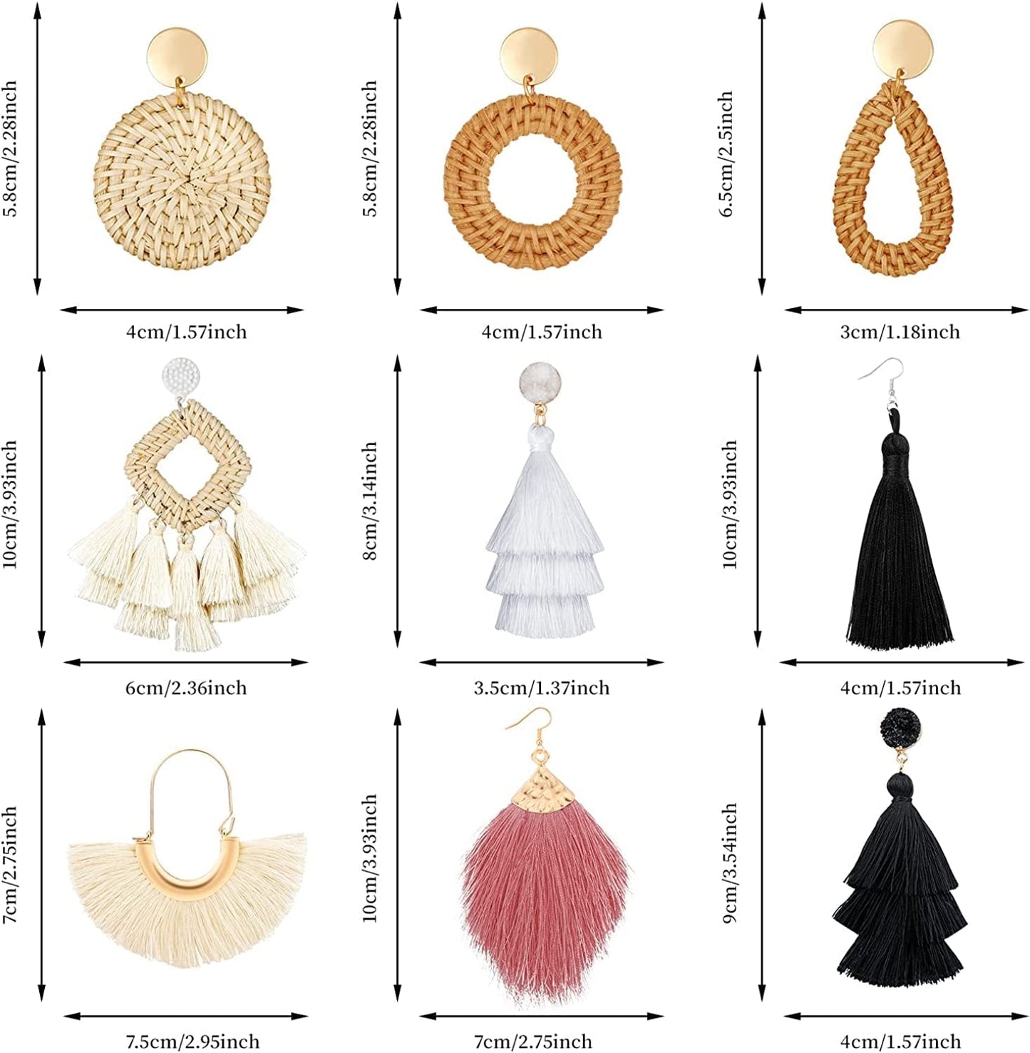 4-9 Pairs Rattan Earrings Tassel Earrings for Women Girls Lightweight Acrylic Geometric Statement Woven Bohemian Earrings Handmade Straw Wicker Braid Hoop Drop Dangle Earrings