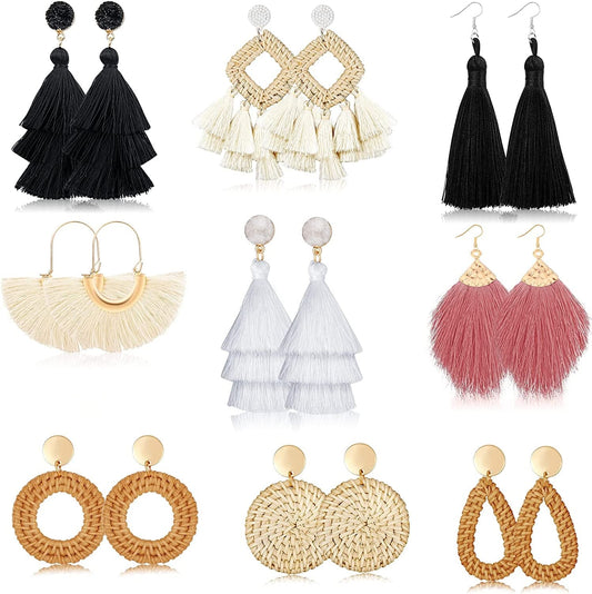 4-9 Pairs Rattan Earrings Tassel Earrings for Women Girls Lightweight Acrylic Geometric Statement Woven Bohemian Earrings Handmade Straw Wicker Braid Hoop Drop Dangle Earrings Rattan 1