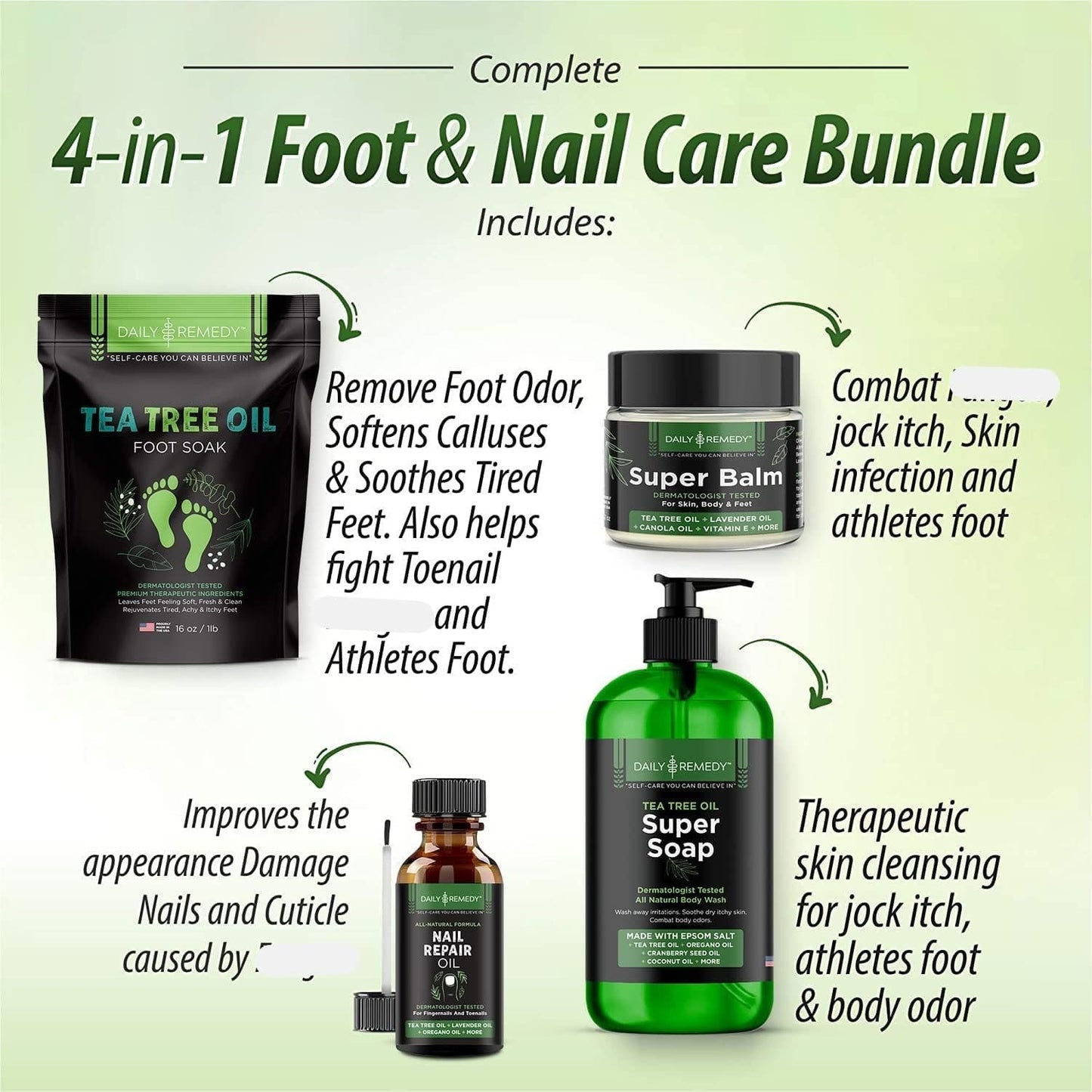 4 in 1 Tea Tree Oil Foot Soak, Super Balm, Nail Repair Oil and Body Wash Set - for Damaged Nails, Itchy Skin, Athletes Foot, Smelly Feet, Cracked Heels and Calluses - Made in the USA Health & Beauty > Personal Care > Foot Care DAILY REMEDY