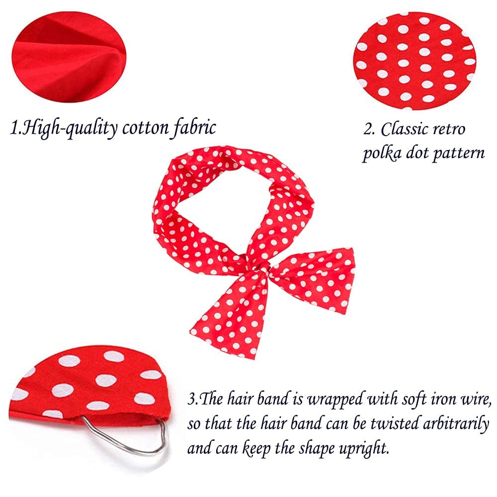 4 Pack Bandanas for Women, Wire Headband Retro Bowknot Polka Dot Wire Hair Holders Red Hairband, 4 Pieces Apparel & Accessories > Clothing Accessories > Bandanas & Headties AHONEY