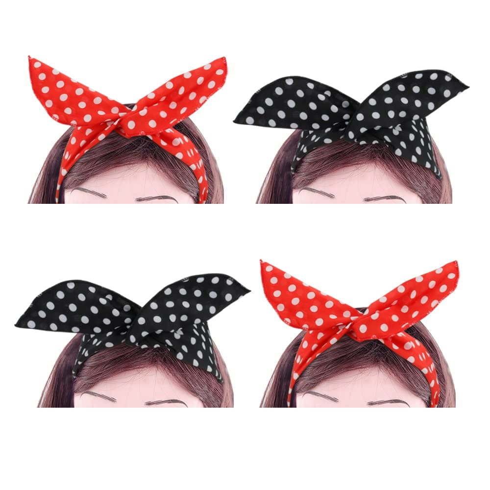 4 Pack Bandanas for Women, Wire Headband Retro Bowknot Polka Dot Wire Hair Holders Red Hairband, 4 Pieces Apparel & Accessories > Clothing Accessories > Bandanas & Headties AHONEY Polka dot Red&Blue