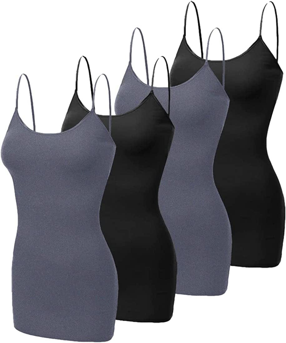 4 Pack Basic Long Camisole for Women Cami Tank Tops with Adjustable Spaghetti Strap (S-3XL) Black/Black/Charcoal/Charcoal / Large