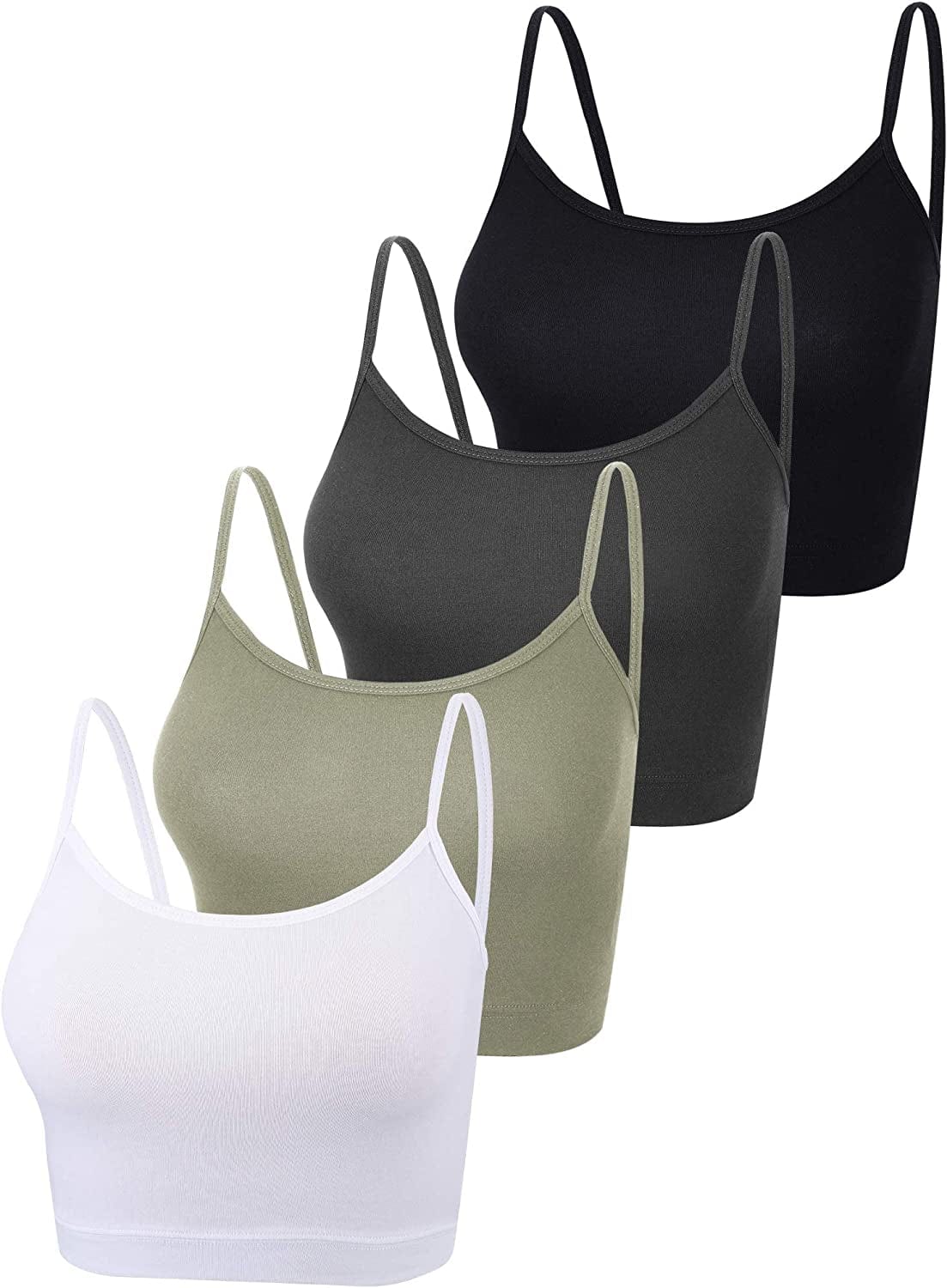 4 Pack Cropped Tank Tops for Women, Spaghetti Strap Crop Top Basic Sports Crop Cami Half Camisoles for Teen Girls Black, White, Dark Grey, Olive / Large
