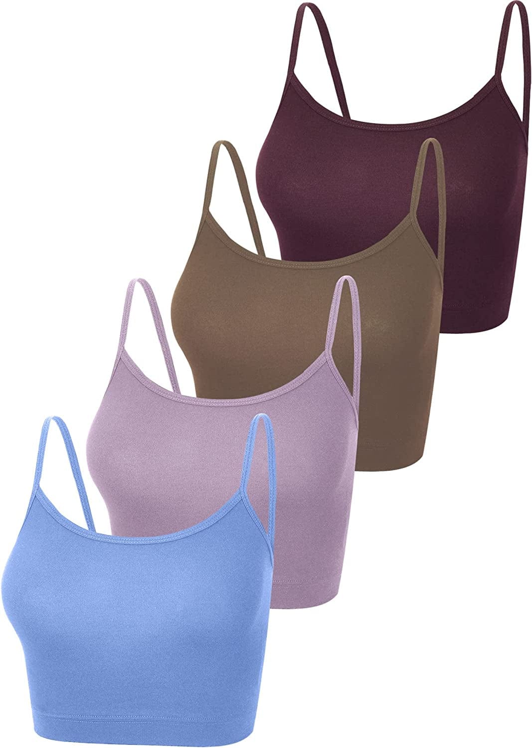 4 Pack Cropped Tank Tops for Women, Spaghetti Strap Crop Top Basic Sports Crop Cami Half Camisoles for Teen Girls Pink, Coffee, Serenity, Marroon / Large