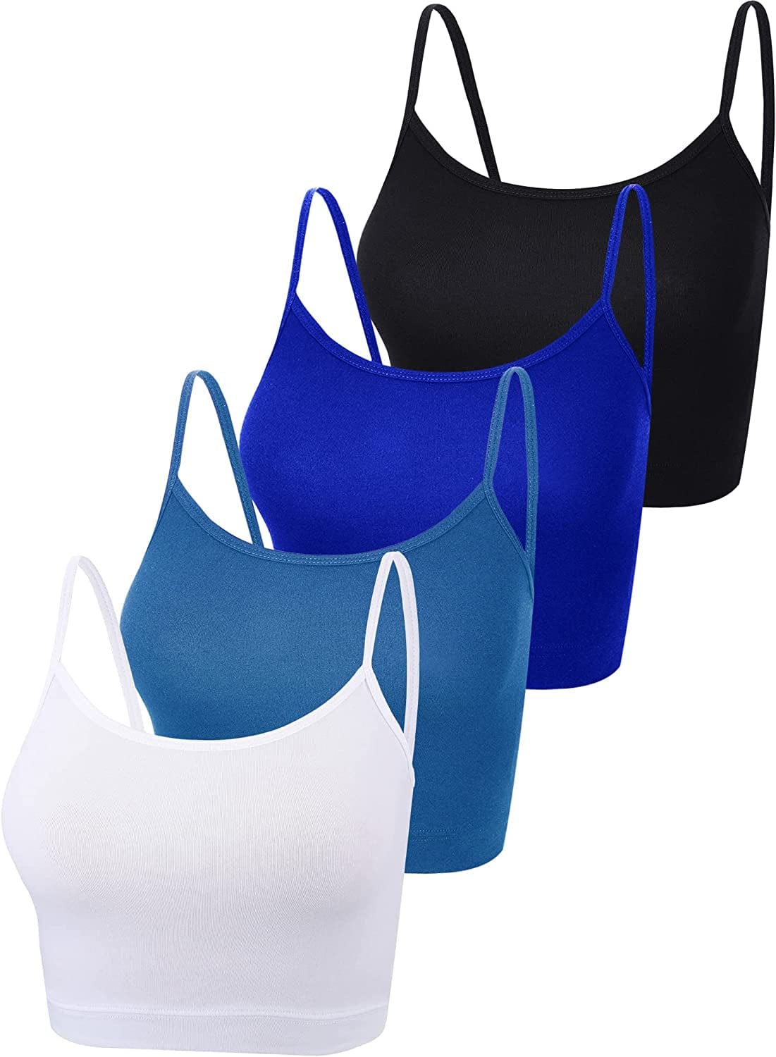 4 Pack Cropped Tank Tops for Women, Spaghetti Strap Crop Top Basic Sports Crop Cami Half Camisoles for Teen Girls Peacock Blue, Black, Royal Blue / Large