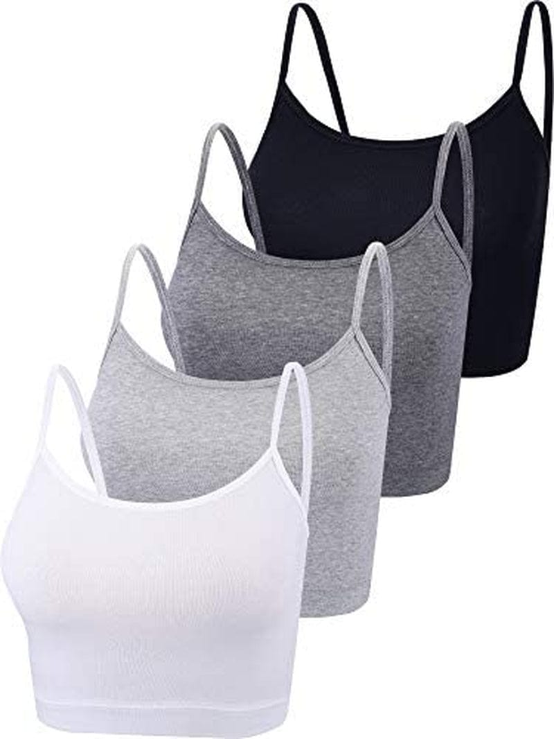 4 Pack Cropped Tank Tops for Women, Spaghetti Strap Crop Top Basic Sports Crop Cami Half Camisoles for Teen Girls Black, White, Dark Grey, Light Grey / X-Large