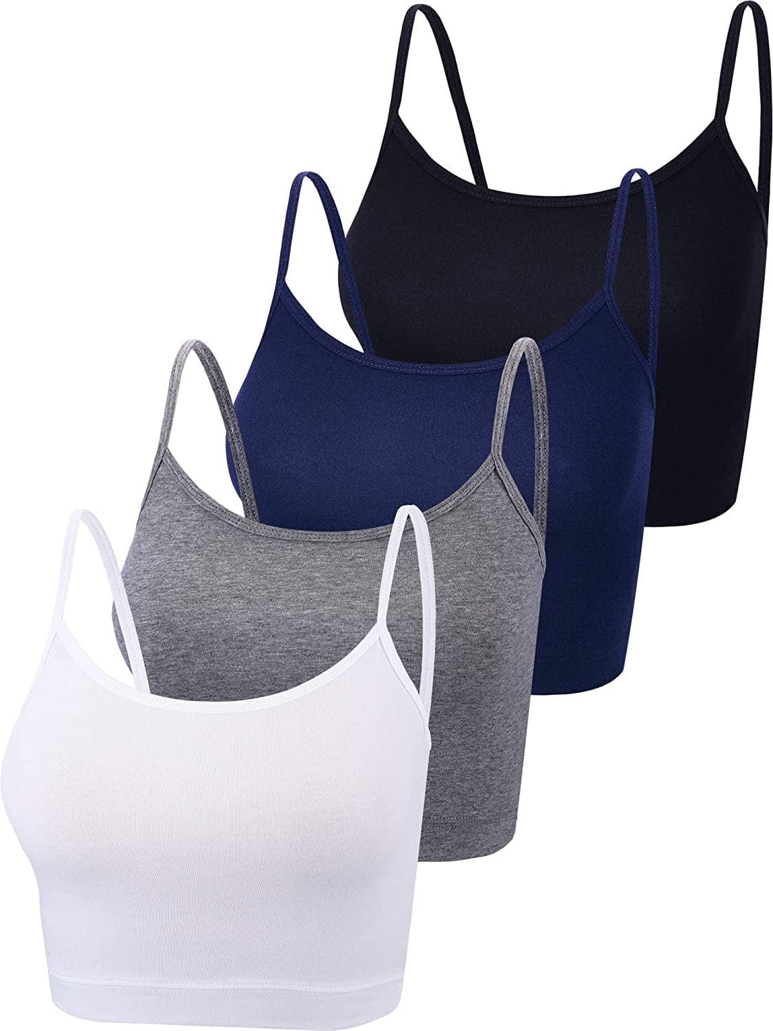 4 Pack Cropped Tank Tops for Women, Spaghetti Strap Crop Top Basic Sports Crop Cami Half Camisoles for Teen Girls Black, White, Dark Grey, Navy / Large