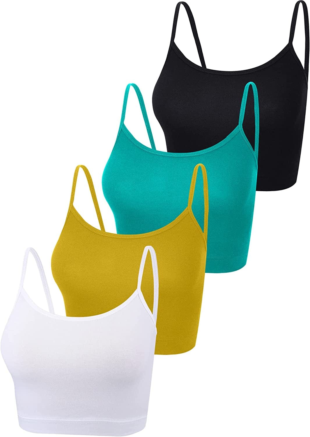 4 Pack Cropped Tank Tops for Women, Spaghetti Strap Crop Top Basic Sports Crop Cami Half Camisoles for Teen Girls Green, Black, Bright Yellow, White / Large