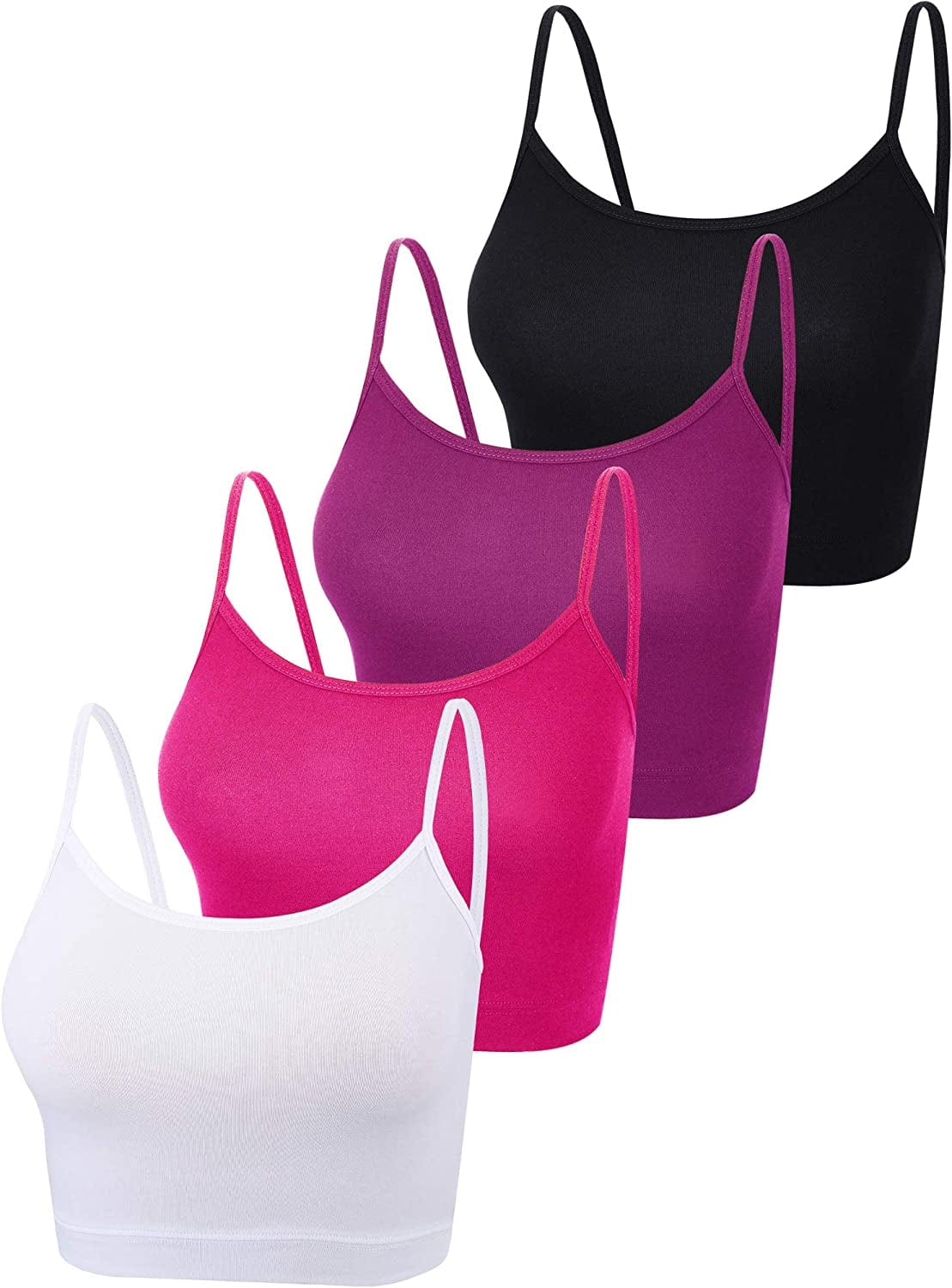4 Pack Cropped Tank Tops for Women, Spaghetti Strap Crop Top Basic Sports Crop Cami Half Camisoles for Teen Girls Black, Purple, Rose Red, White / Large
