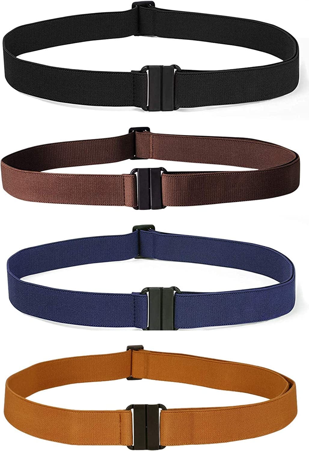 4 Pack Invisible Women Stretch Belt No Show Elastic Web Strap Belt with Flat Buckle for Jeans Pants Dresses Apparel & Accessories > Clothing Accessories > Belts KYLIE MAX E-black+coffee+blue+brown US Size 0-16