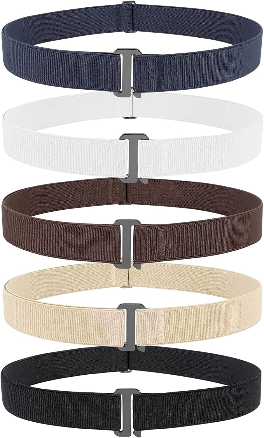 4 Pack Invisible Women Stretch Belt No Show Elastic Web Strap Belt with Flat Buckle for Jeans Pants Dresses Apparel & Accessories > Clothing Accessories > Belts KYLIE MAX M-black+coffee+blue+white+beige US Size 0-16