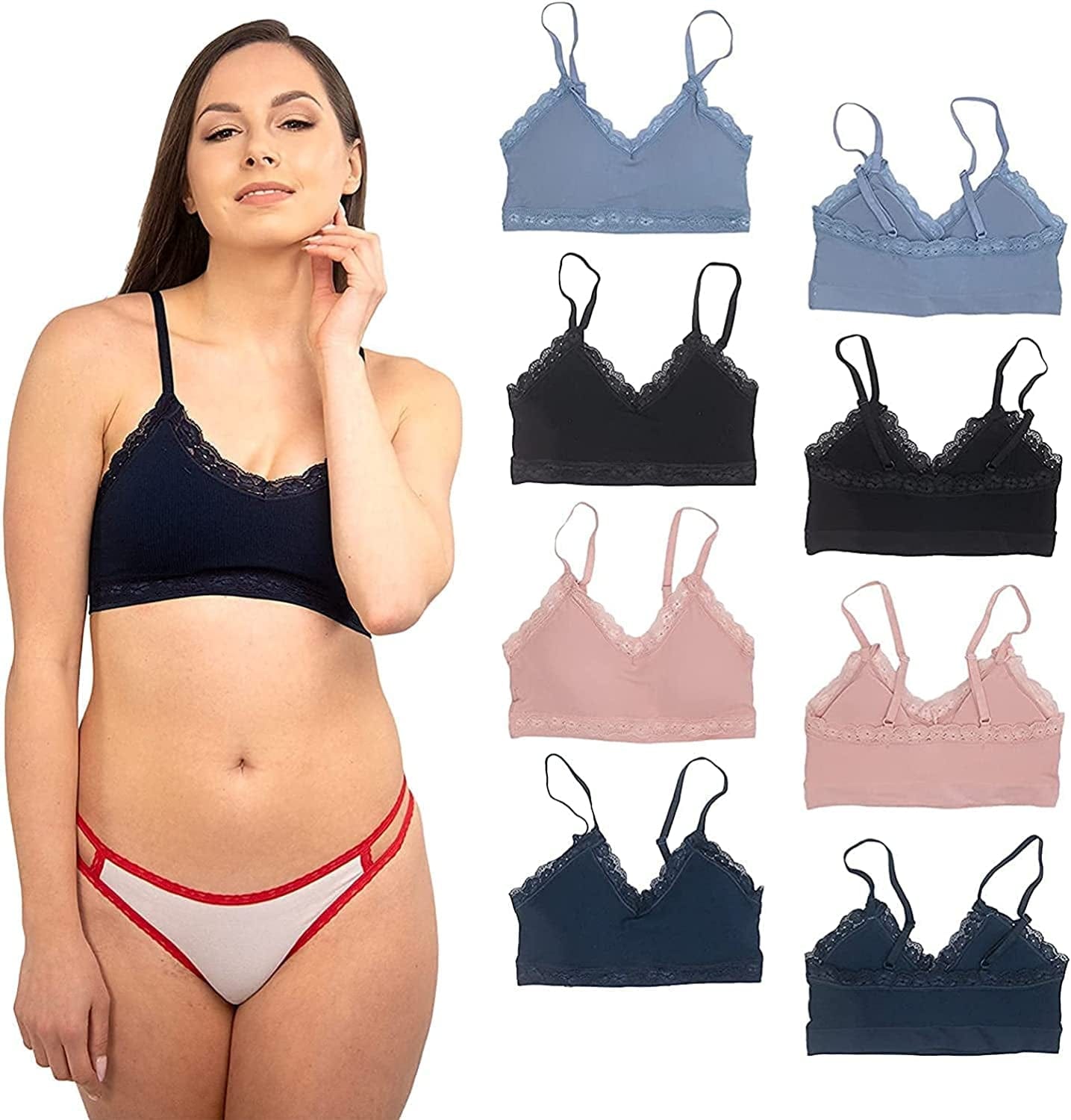 4-Pack Lace Bralletes for Women, Wireless Padded Bra with Adjustable Spaghetti Straps