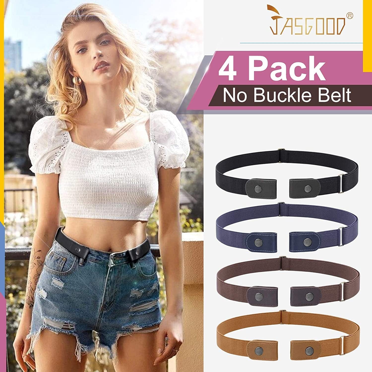 4 Pack No Buckle Belt, JASGOOD Buckle Free Stretch Belt for Women and Men Jeans Pants Apparel & Accessories > Clothing Accessories > Belts KYLIE MAX
