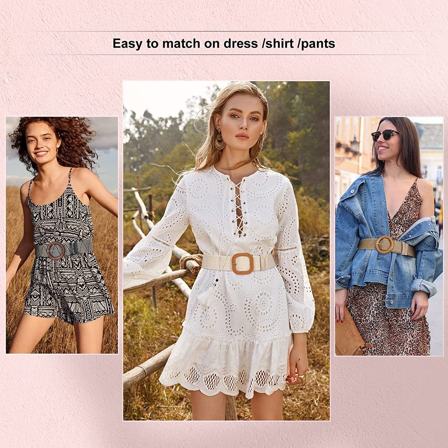 4 Pack Straw Woven Elastic Stretch Waist Belt Fashion Boho Dress Braided Belts for Women Apparel & Accessories > Clothing Accessories > Belts VONMELLI