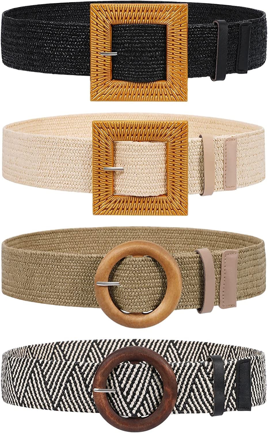 4 Pack Straw Woven Elastic Stretch Waist Belt Fashion Boho Dress Braided Belts for Women Apparel & Accessories > Clothing Accessories > Belts VONMELLI A-black+beige+stripe+khaki Fit Waist Below 40"