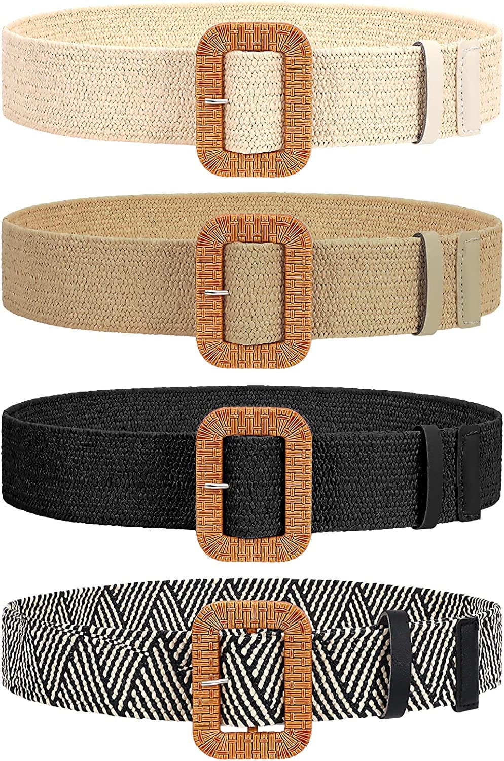 4 Pack Straw Woven Elastic Stretch Waist Belt Fashion Boho Dress Braided Belts for Women Apparel & Accessories > Clothing Accessories > Belts VONMELLI D-black+beige+stripe+khaki Fit Waist Below 29"