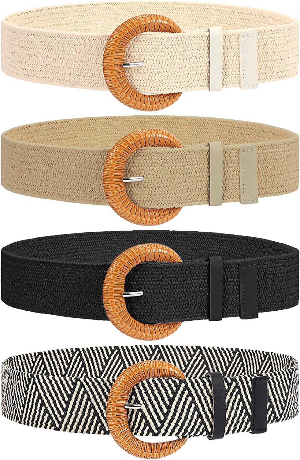 4 Pack Straw Woven Elastic Stretch Waist Belt Fashion Boho Dress Braided Belts for Women Apparel & Accessories > Clothing Accessories > Belts VONMELLI C-black+beige+stripe+khaki Fit Waist Below 35"