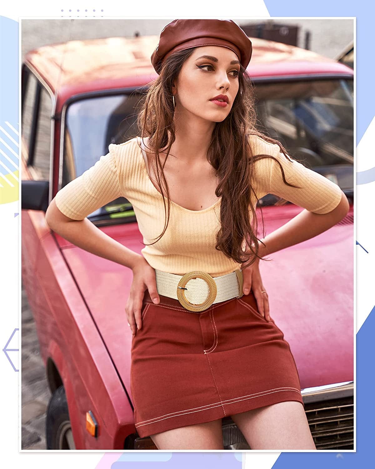 4 Pack Straw Woven Elastic Stretch Waist Belt Women Skinny Dress Belt Wooden Buckle Waist Dress Band Apparel & Accessories > Clothing Accessories > Belts WILLBOND