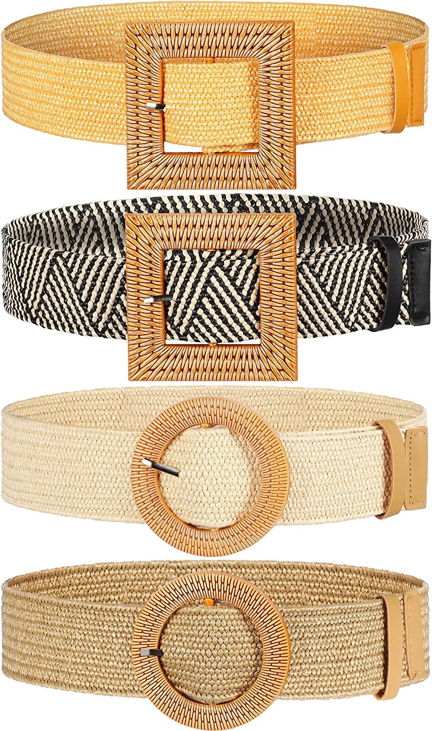 4 Pack Straw Woven Elastic Stretch Waist Belt Women Skinny Dress Belt Wooden Buckle Waist Dress Band Apparel & Accessories > Clothing Accessories > Belts WILLBOND Elegant Color Medium