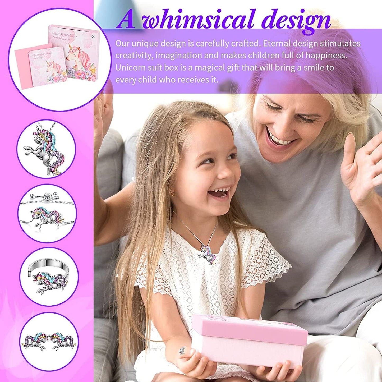 4 Pack Unicorn Jewelry Set Kids Jewelry for Girls Rainbow Unicorn Necklace Bracelet Earrings and Ring for Women Teen Girls Jewelry Unicorn Gifts Set