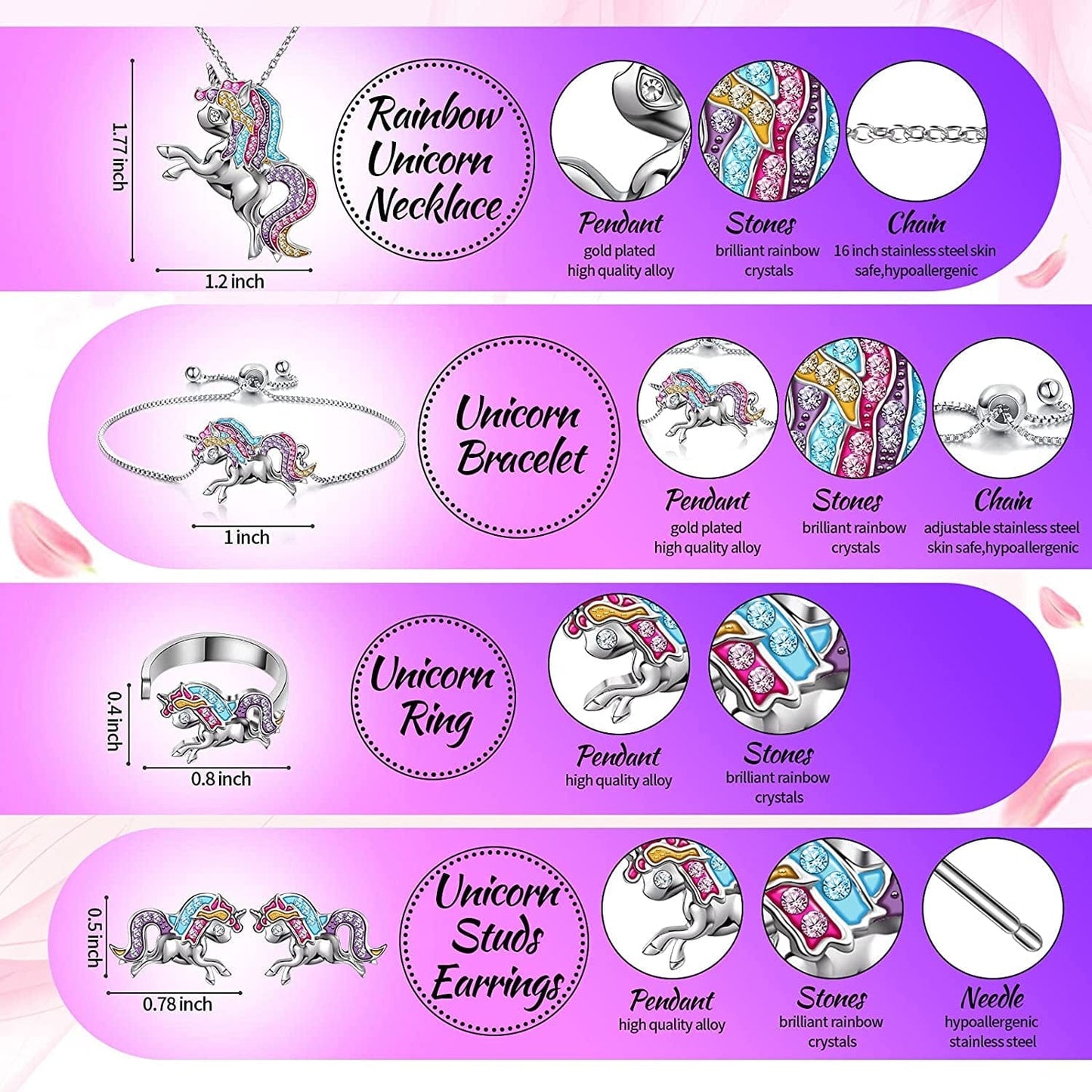 4 Pack Unicorn Jewelry Set Kids Jewelry for Girls Rainbow Unicorn Necklace Bracelet Earrings and Ring for Women Teen Girls Jewelry Unicorn Gifts Set