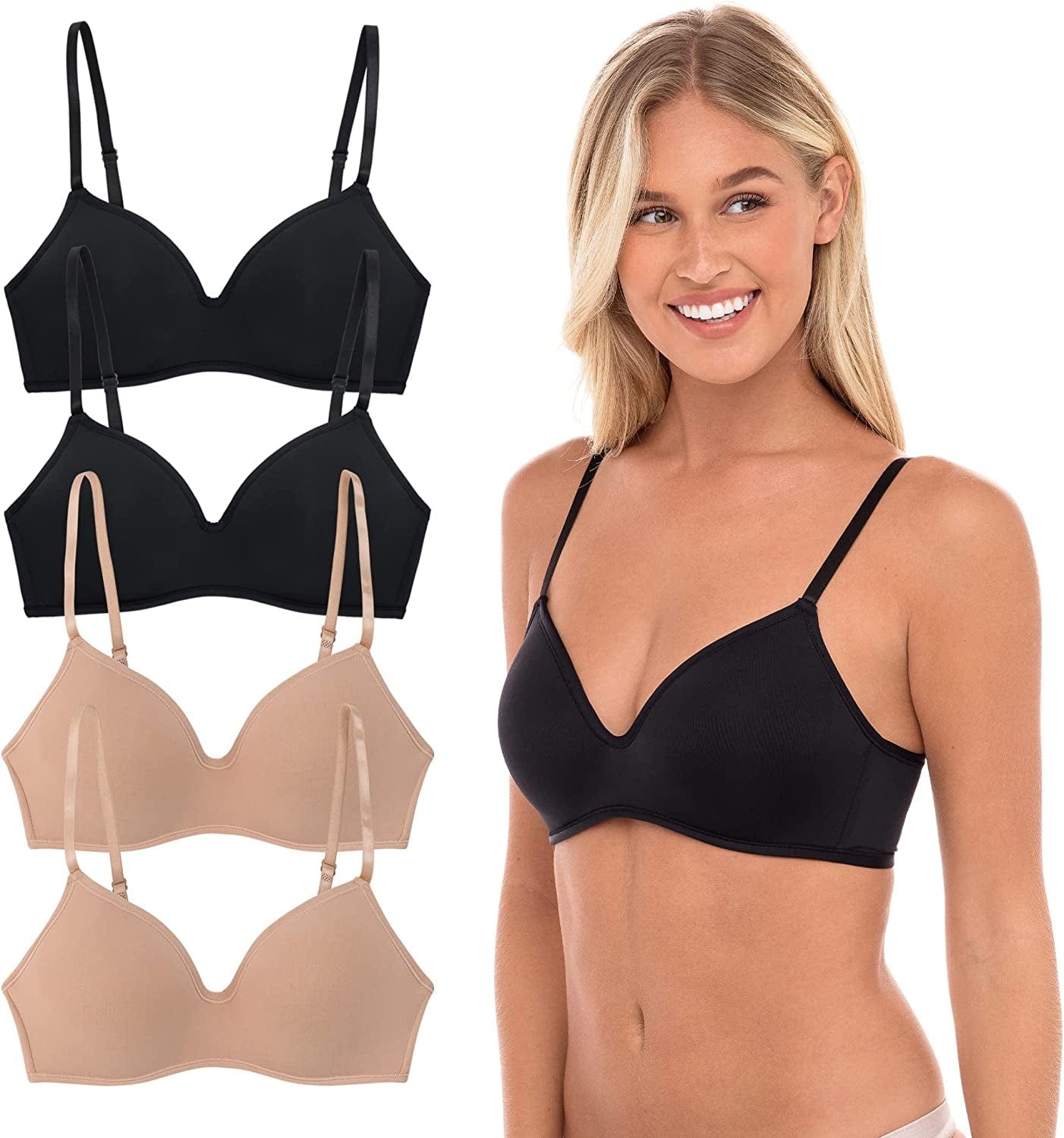 4 Pack Wirefree Bra - Women'S Flexible Soft Foam Wireless No Wire Soft Pad T Shirt Bra Value Pack Black/Nude / (32) 32B