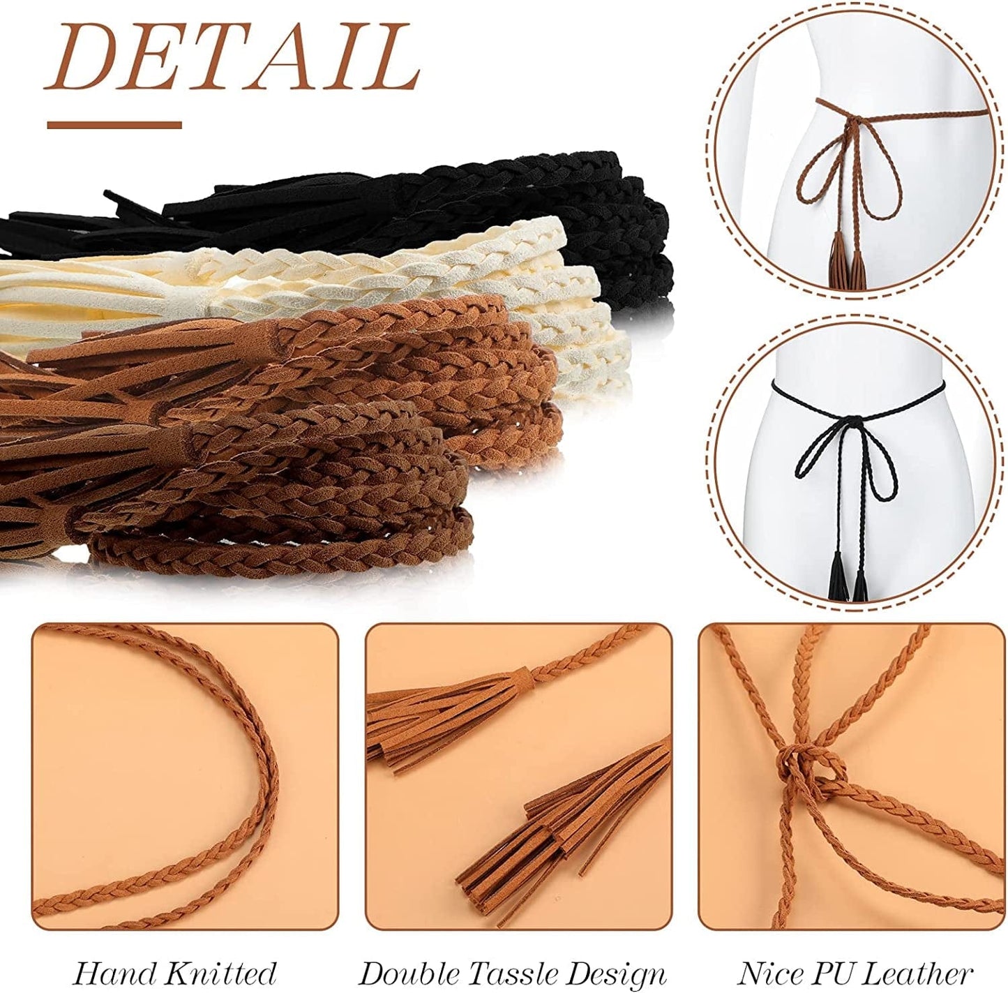 4 Pack Women Braided Belt Skinny Tassel Waist Belt Wrap Belt Woven Waist Rope Belt PU Leather Rope Belt Double Tassels Chain Belt Exotic Knitted Waist Belt for Skirt Dress Apparel & Accessories > Clothing Accessories > Belts Geyoga
